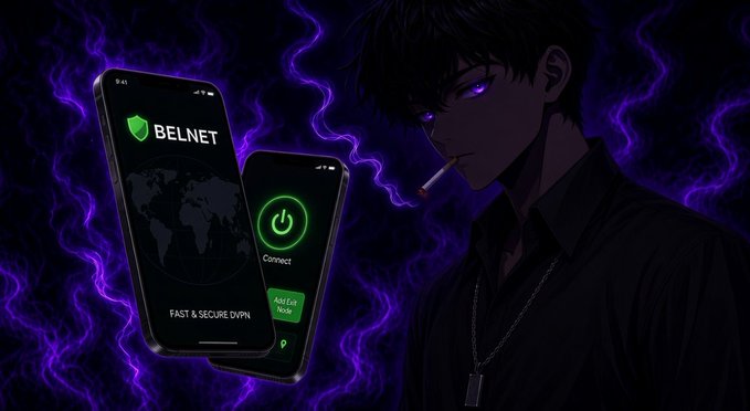An anime-style dark-haired man smokes beside floating smartphones displaying the “BELNET” VPN interface, with text including “FAST & SECURE VPN,” “Connect,” and “Add Exit Node.”