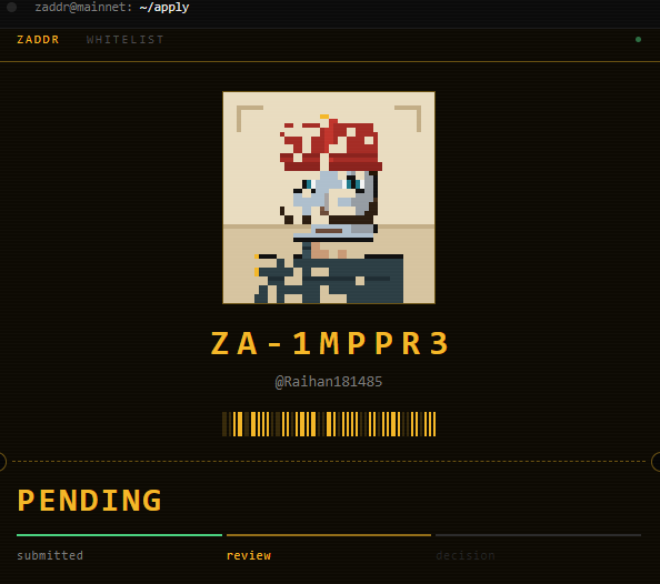 A digital application interface on the 'ZADOR' platform shows a pending submission labeled 'ZA-1MPPR3' by user '@Raihan181485', featuring a pixel art avatar with a red crown and a progress bar indicating 'review'.
