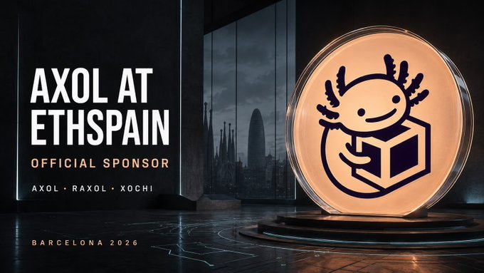 A promotional graphic reads 'AXOL AT ETHSPAIN OFFICIAL SPONSOR' with 'BARCELONA 2026' at the bottom, featuring a glowing circular emblem with an axolotl mascot holding a cube, set against a backdrop of Barcelona's skyline.