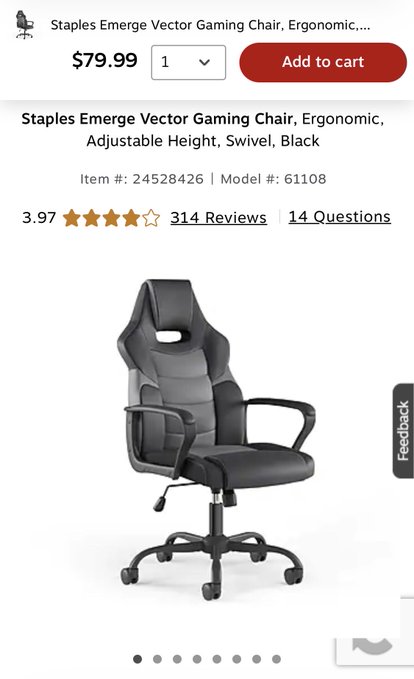 A Staples product page showing the 'Emerge Vector Gaming Chair' priced at $79.99 with a 3.97-star rating.