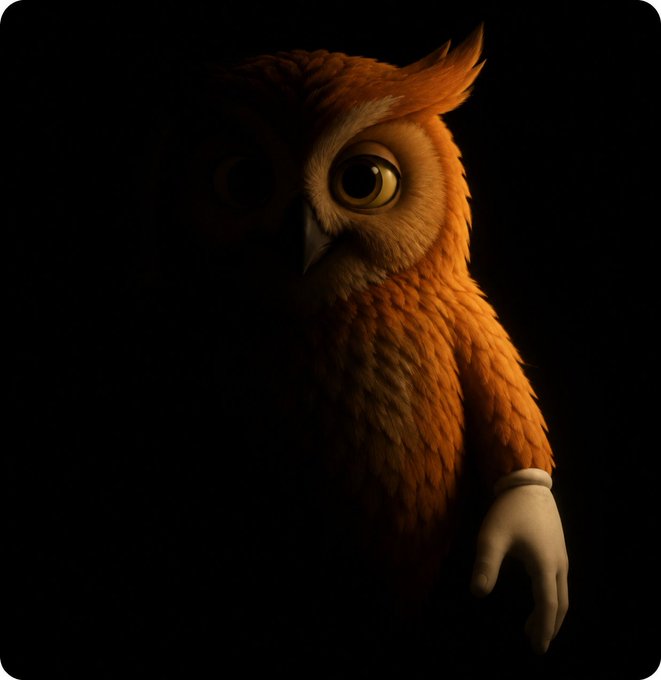 A stylized 3D illustration of a brown owl with large, expressive eyes emerging from a dark background.