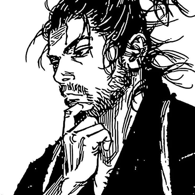 A black and white manga-style illustration of a man with long messy hair and a beard, appearing thoughtful with his hand near his face.