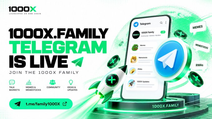 Advertisement graphic for the 1000X.FAMILY Telegram channel launchpad on BNB Chain, featuring a smartphone and rocket illustration with a link to t.me/family1000X.