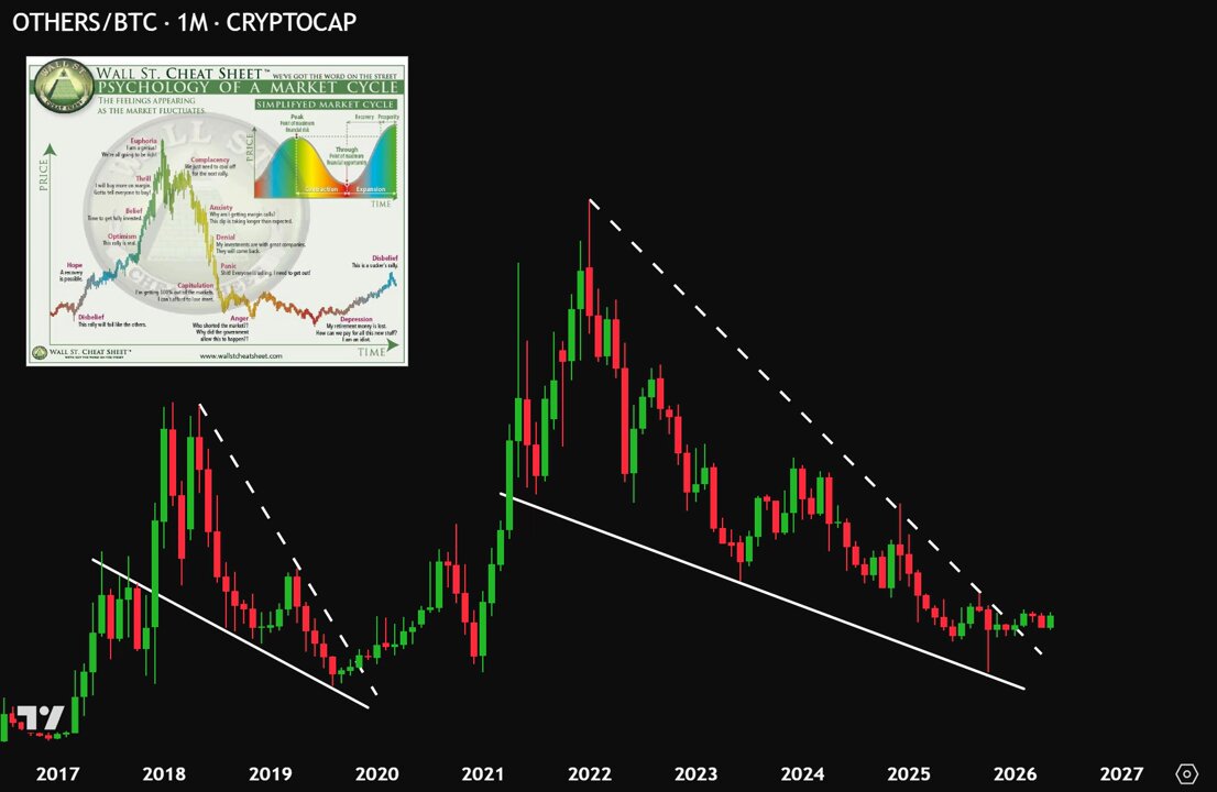 The image presents a graph with an upward-trending line, representing the prices of altcoins over time. It also shows a bar chart that illustrates Bitcoin's performance during that period. The data suggests that Bitcoin has had significant gains, while altcoins have been in decline, possibly due to market conditions or other factors affecting different cryptocurrencies' performance.