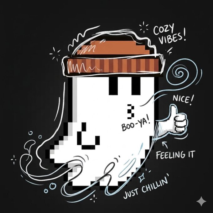 A digital drawing of a white ghost-like pixelated character wearing a brown beanie, surrounded by handwritten text including 'COZY VIBES!', 'NICE!', 'BOO-YA!', 'FEELING IT', and 'JUST CHILLIN''.