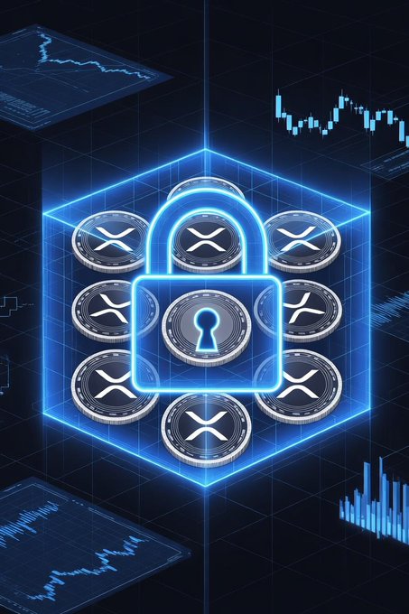 A 3D digital illustration of a glowing blue padlock surrounded by XRP cryptocurrency coins within a holographic cube.