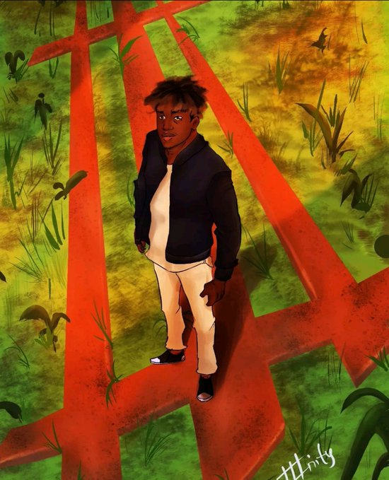 A digital illustration shows a young person with dark skin and curly hair wearing a black hoodie, standing on red paths in a grassy green and orange field.