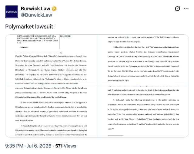 A tweet from @BurwickLaw discussing a Polymarket lawsuit, referencing defendants including Burwick Law, PLLC, d/b/a Copithorne Capital Defendants and Orrick Qralis, Matthew Modibes, and John Doe Defendant, posted at 9:35 PM on Jul 6, 2026 with 571 views.