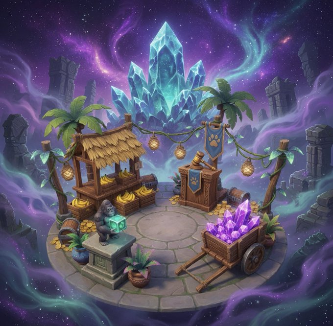 A mystical floating island market features a giant glowing blue crystal centerpiece, surrounded by a thatched banana stall, wooden cart overflowing with purple gems, golden coins, a gorilla statue holding a green crystal, and a podium bearing the "$VEIL" paw-print banner—all set against a swirling purple cosmic sky with ancient ruins. The scene embodies $VEIL's treasure-laden, otherworldly marketplace theme where enchanted crystals and exotic goods take center stage.