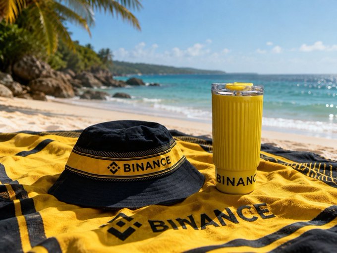 A black Binance bucket hat and yellow tumbler branded with the "BINANCE" logo sit on a matching yellow Binance beach towel on a tropical beach, capturing a sunny "gm!" vibe of leisure by the ocean.