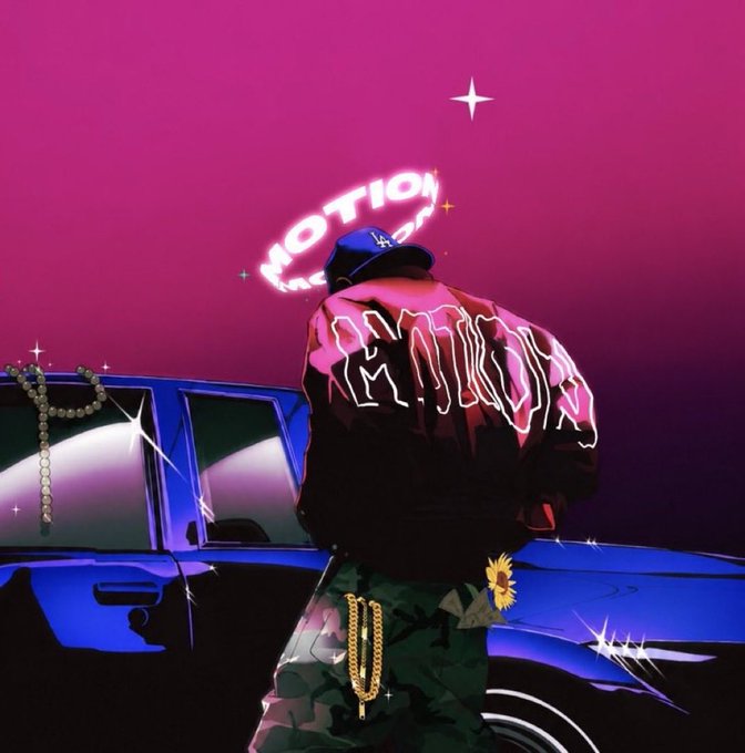 A vibrant digital illustration in a vaporwave/synthwave style shows a person in a cap, graffiti-patterned jacket, and camo pants standing in front of a blue lowrider car against a pink and purple gradient background with a star and partial 'MOTION' text.