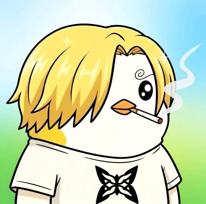 An illustrated cartoon character with blonde hair and a swirl on its cheek, wearing a white t-shirt with a butterfly design, smoking a cigarette.