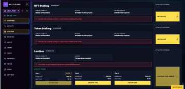 A dark-themed cryptocurrency website interface with sections for NY, Non-Baking, and Letter investments, featuring yellow call-to-action buttons in a gold and black color scheme.