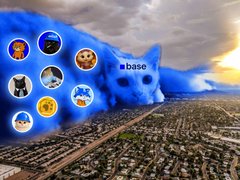 A digital image showing a blue whale floating above a city landscape at sunset, with social media icons and the text 'base' overlaid on the whale.