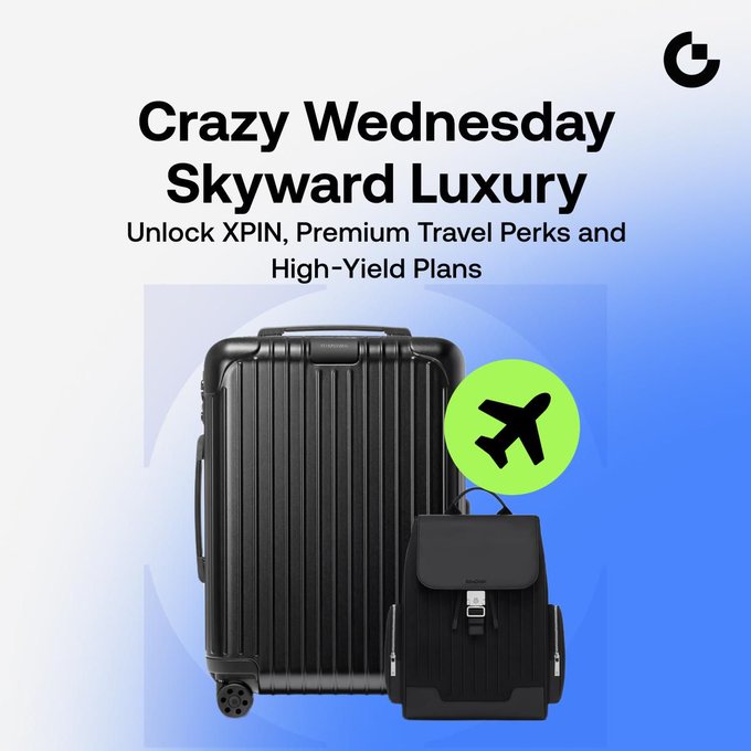 A promotional graphic features a black RIMOWA suitcase paired with a backpack and a green airplane icon, advertising the "Crazy Wednesday Skyward Luxury" event where users can unlock XPIN rewards, premium travel perks, and high-yield plans. The post relates to the image by highlighting luxury travel prizes like Emirates First Class, a Priority Pass membership, and RIMOWA luggage.