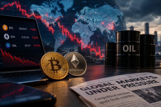 A Bitcoin coin and Ethereum token sit beside falling red market charts, oil barrels, and a world map, illustrating BTC and ETH pressure amid broader market caution. A screen shows “BTC,” “ETH,” and “SOL” with downward changes, while the newspaper reads “GLOBAL MARKETS UNDER PRESSURE” and “Geopolitical tensions spark fresh volatility.”