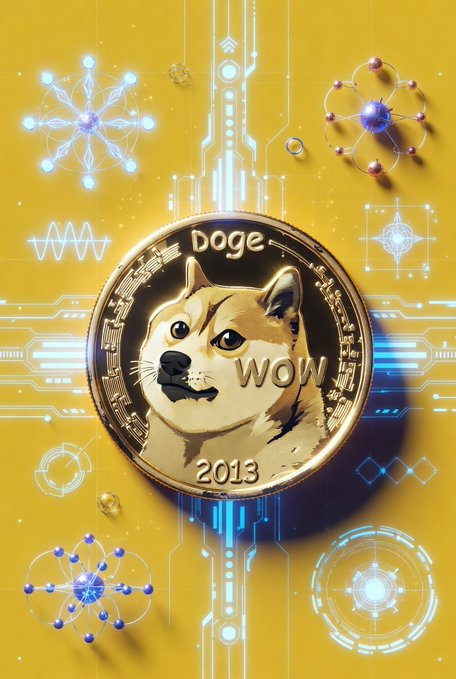 A gold Dogecoin coin featuring the iconic Shiba Inu dog with the text "Doge," "WOW," and "2013" is centered against a vibrant yellow background adorned with futuristic circuit board patterns and atomic symbols, capturing the meme-inspired cryptocurrency celebrated in the post "Dogecoin ftw! $DOGE."