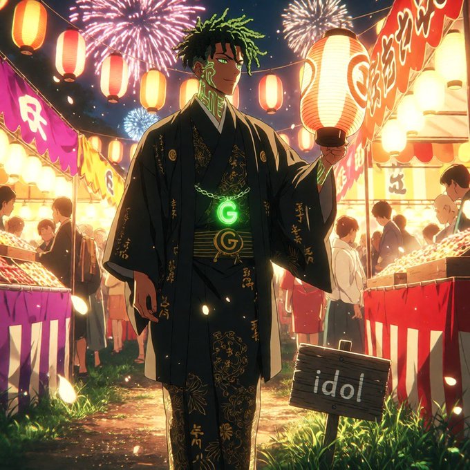 An anime-style illustration of a man with green dreadlocks and glowing green facial markings wearing a black kimono with a green 'G' medallion, standing in a vibrant festival scene with red lanterns, fireworks, and a wooden sign reading 'idol'.