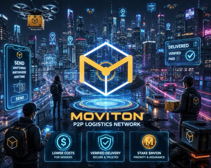 A futuristic promotional graphic for 'MOVITON' depicts a 'P2P LOGISTICS NETWORK' with drones delivering packages in a neon-lit city, emphasizing 'LOWER COSTS', 'VERIFIED DELIVERY', and 'STAKE $MVON'.