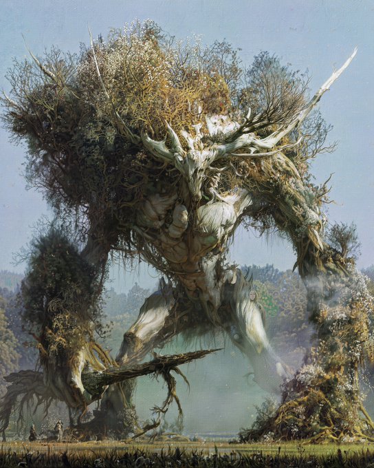 A towering, tree-like giant creature with antlers and foliage covering its body, holding a wooden staff in a misty forest setting.