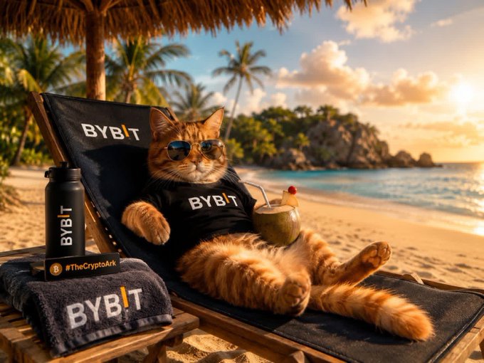 The image features a cat wearing sunglasses, lounging on a beach chair with a towel nearby. There are two water bottles next to the cat, one of which has "Bybit" written on it. The background shows palm trees and a beautiful sunset over the ocean.