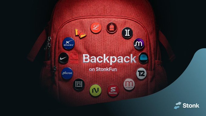 A red backpack decorated with various company logos, including Micron, SanDisk, and Nike, with the text 'Backpack on StonkFun' and a 'Stonk' logo in the corner.