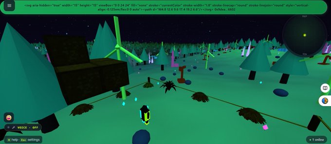 A screenshot of a 3D virtual world game showing a night scene with trees, wind turbines, and a path created by a user named 'warp', with the path code visible at the top of the screen.