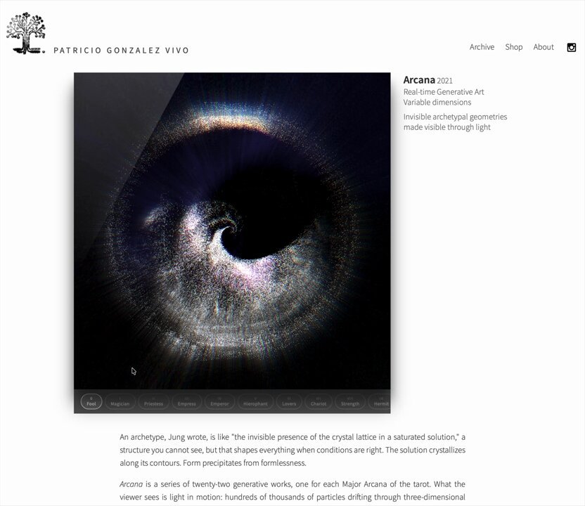 The image features a website called "patriciogonzalezvivo.com/2021/arcana" that has an art piece displayed, which appears to be a painting of a spiral galaxy with a black background. The text on the page is in white and is titled "Arcana", "Memories", and "Fight Studies". This information suggests that the website is related to the Arcana series, which was created by Patriciogonzalezvivo.