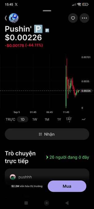 A mobile screen showing a cryptocurrency chart for a token called "Pushin' P" with the ticker symbol "P," displaying a current price of $0.00226 and a 24-hour decrease of -44.11%.