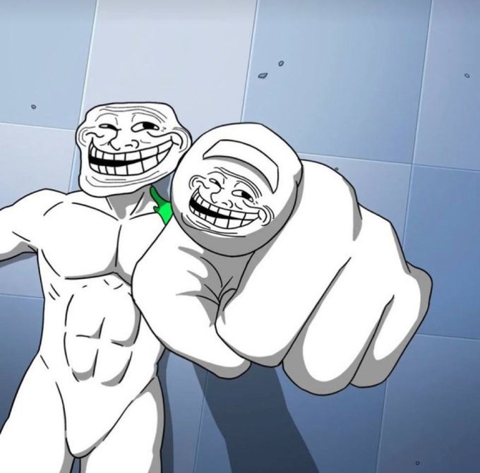 An illustration of two muscular, faceless troll-like figures with mischievous grinning masks, one appearing larger and closer to the viewer.