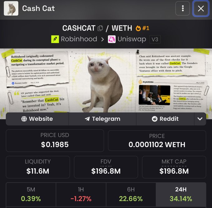 A screenshot of the CashCat (CASHCAT/WETH) token trading page on a DEX, showing a price of $0.1985 with a $196.8M market cap and 34.14% 24H gains, alongside meme-style images of a cat and references to Robinhood. The strong upward momentum and large market cap shown in the image support the post's claim that CashCat is unstoppable despite skeptics calling for $1B FUD.