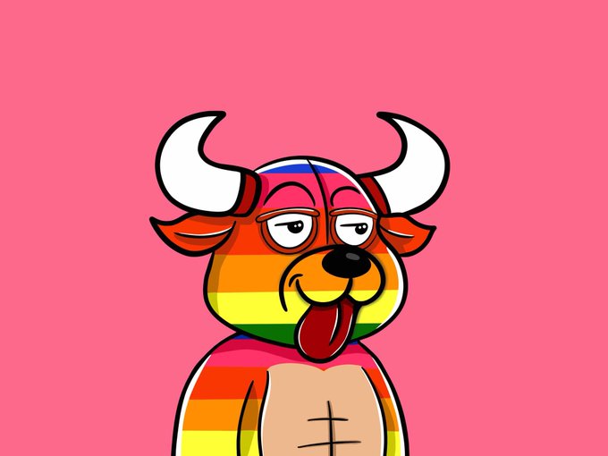 A cartoon illustration of a bored-looking bull character with rainbow-striped coloring, white horns, and a sticking-out tongue on a pink background.