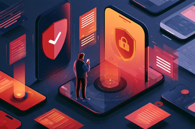 A digital illustration depicting a person standing on a smartphone, interacting with floating digital interfaces featuring security shield icons and data panels in red and orange tones.