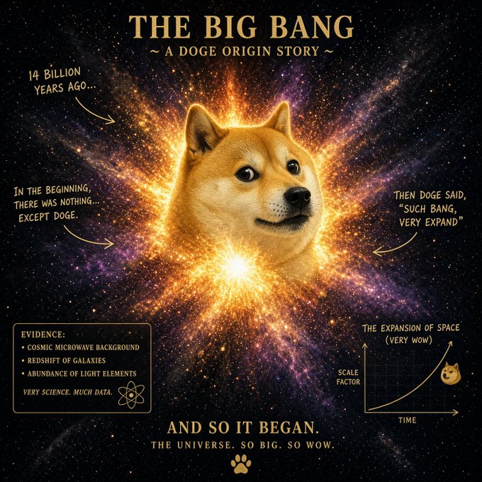 A Doge meme reimagines the Big Bang as the origin of the universe, with text like "THE BIG BANG ~ A DOGE ORIGIN STORY," "14 BILLION YEARS AGO...," "IN THE BEGINNING, THERE WAS NOTHING... EXCEPT DOGE," "SUCH BANG, VERY EXPAND," and a chart showing "THE EXPANSION OF SPACE (VERY WOW)" alongside scientific evidence notes. The playful cosmic imagery humorously aligns with the post's claim that DOGE is the "big bang of memecoins," framing the cryptocurrency as a foundational, universe-creating force in the memecoin space.