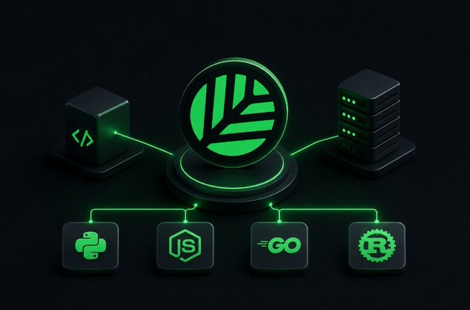 A 3D graphic showing a green leaf logo connected to server racks and programming language icons (Python, JS, Go, Rust) on a dark background.