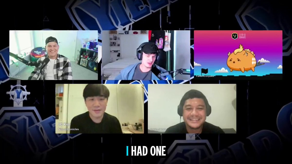 The image shows a group of five people sitting at their computers with headphones on, likely participating in an online gaming session or video call. The person on the far left has a black hat on, while the others have various colored hats. They are all looking at the camera and appear to be engaged in the activity. The post about @RagnarokBreaker suggests that they might be discussing strategies for their game or sharing some interesting content related to the character named @Ragnarok Breaker.