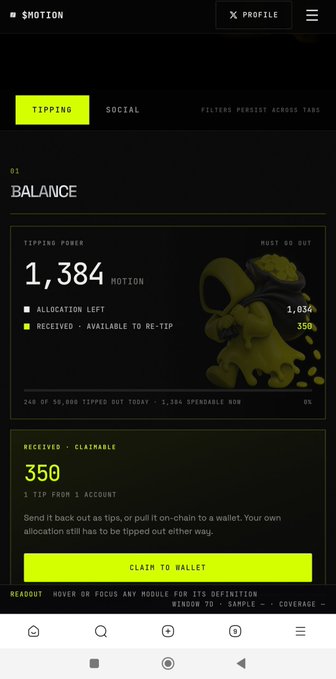 A screenshot of a mobile app interface showing a TIPPING tab with a BALANCE of 1,384 NOTION, allocation left of 1,034, and received available to re-tip of 350, with a 'CLAIM TO WALLET' button.