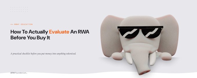 A light-colored elephant figurine wearing black sunglasses sits beside the headline "How To Actually Evaluate An RWA Before You Buy It," tagged under "KRAF EDUCATION" by @KRAFundation. The playful, "looking cool" elephant visually reinforces the article's tone of breaking down the often-overhyped world of Real World Asset tokenization into practical, easy-to-digest evaluation criteria.