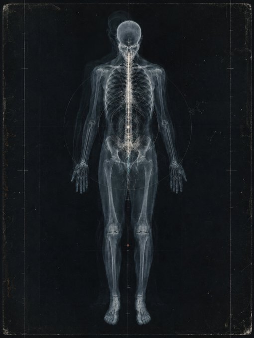 An X-ray image showing a full human skeleton in an anatomical position against a dark background with circular markings.