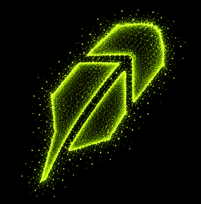A glowing green stylized arrow or spearhead logo made of sparkling particles on a black background.