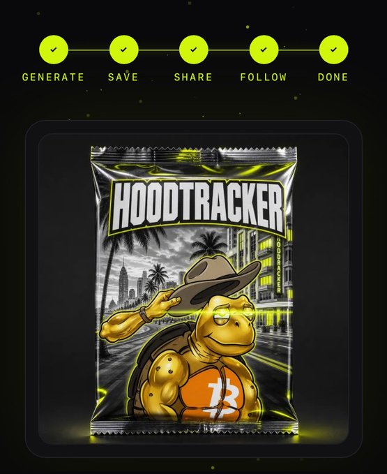 A digital illustration of a yellow cartoon turtle character wearing a hat and holding a basketball, displayed on a crinkled snack bag labeled 'HOODTRACKER' with a city skyline background.