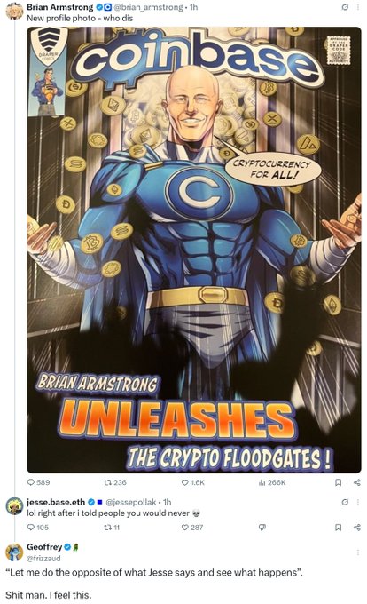 A Twitter/X post by Brian Armstrong (@brian_armstrong) featuring a comic-book-style image of himself as a Coinbase superhero with the text 'Brian Armstrong unleashes the crypto floodgates!' and 'cryptocurrency for all', with a sarcastic reply from @jesse.base.eth and another from Geoffrey (@fittzaud).