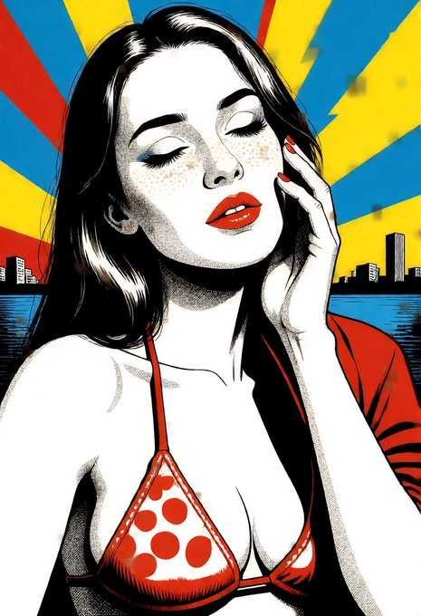 A pop-art style illustration of a woman with freckles and red lipstick wearing a red and white polka dot bikini top against a background of red, yellow, and blue sunburst rays.