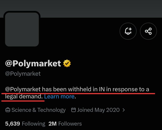 A screenshot of the verified X profile @Polymarket shows: “@Polymarket has been withheld in IN in response to a legal demand. Learn more.” Red lines emphasize the legal-demand text.