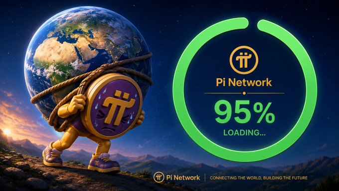The image shows the Pi Network mascot carrying the Earth alongside a loading circle displaying "Pi Network 95% LOADING...", visually reinforcing the post's message that Pi is 95% of the way to its launch target, just as Bitcoin once skyrocketed from $0.2 to $1000 in six months.