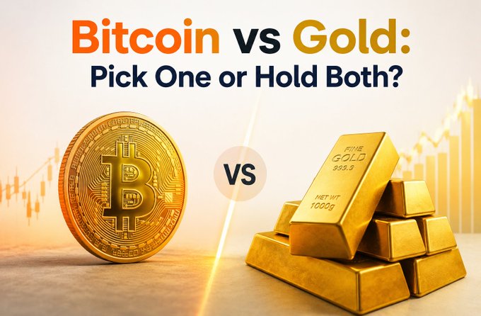 A graphic comparing Bitcoin and gold, featuring a large bronze Bitcoin coin on the left and a stack of gold bars labeled "FINE GOLD 999.9" and "NET WT 1000G" on the right, with the headline "Bitcoin vs Gold: Pick One or Hold Both?" reinforcing the post's message that both assets serve different purposes in a portfolio.