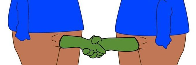 A cartoon illustration of two figures in blue shirts shaking hands with green arms extending from their brown pants in an unconventional handshake.