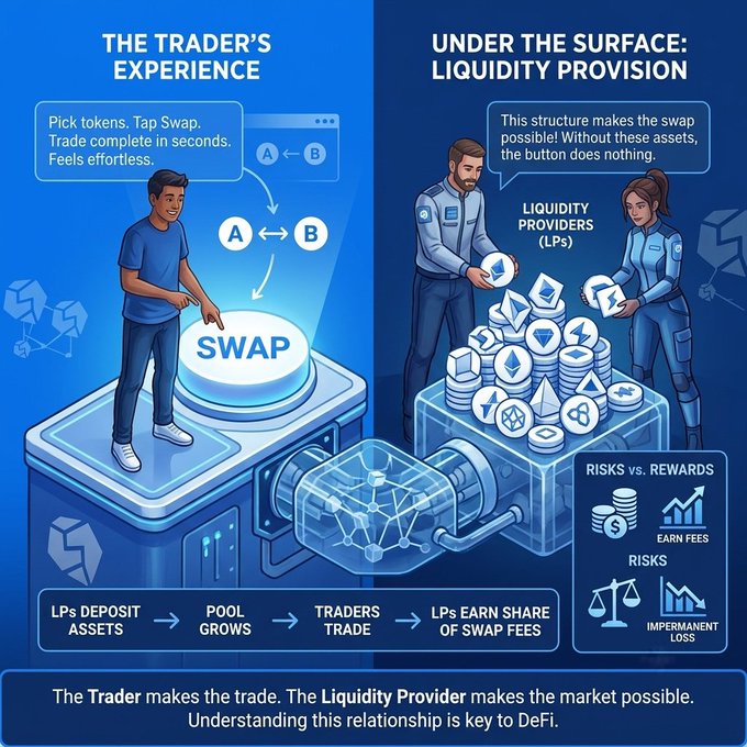 An infographic contrasting the simple "Trader's Experience" (pick tokens, tap swap, trade in seconds) with the underlying "Liquidity Provision" showing Liquidity Providers (LPs) depositing assets into pools to enable those swaps, with a flow noting LPs deposit assets → pool grows → traders trade → LPs earn swap fees, alongside risks vs. rewards highlighting earned fees against impermanent loss, captioned "The Trader makes the trade. The Liquidity Provider makes the market possible. Understanding this relationship is key to DeFi."