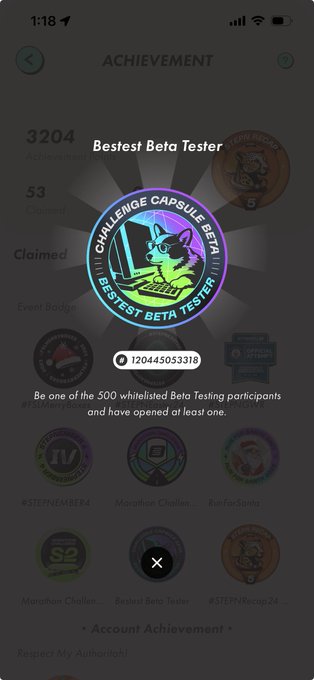 An app interface showing a 'Bestest Beta Tester' achievement badge for participating in 500 whitelist Beta Testing, with a beta code 120445053318 visible.