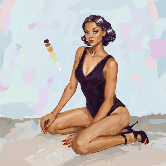 A painted illustration of a woman with short dark hair wearing a black swimsuit and high heels, kneeling on a light-colored surface against a pale blue background with soft pastel patches. To her left is a small vertical palette of color swatches ranging from dark brown to white.